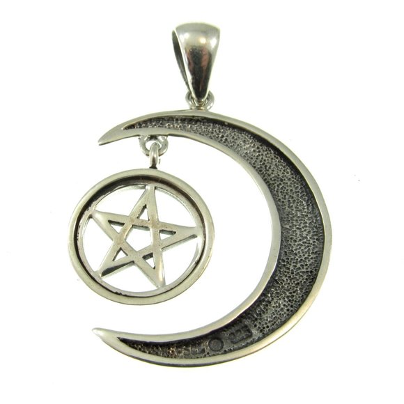 Handcrafted Solid 925 Sterling Silver Pentacle in Celtic Crescent Moon Pendant - Picture 5 of 5